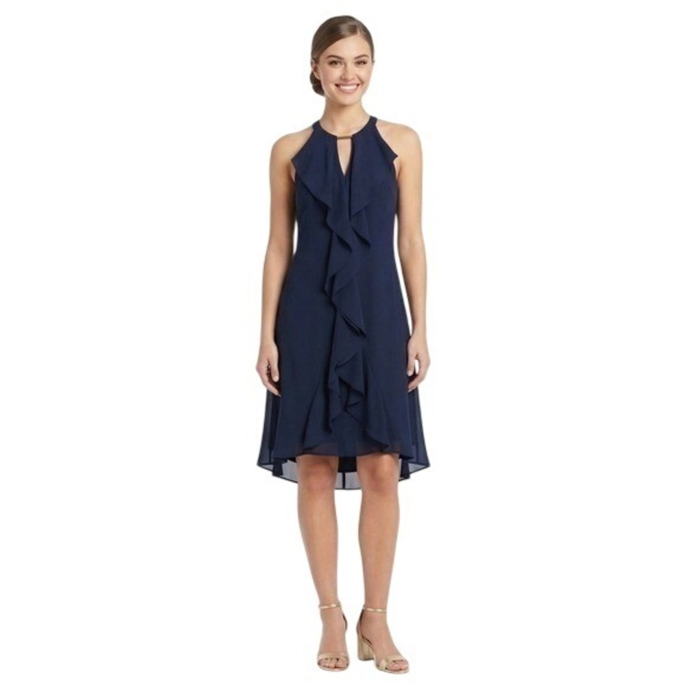 Kensie Navy Ruffle Halter High Low Cocktail Dress Gold Bar Detail Size 6‎